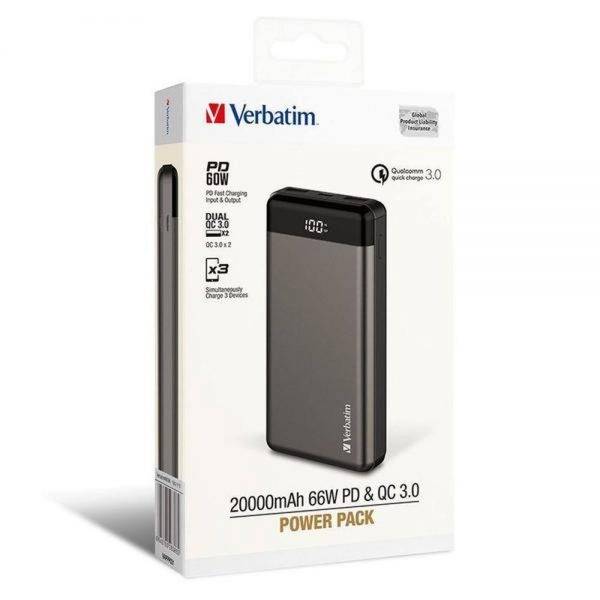Verbatim Pack 20000 mAh 66W, PD 60W - Grey 66386 power pack 20000 mah 66w pd 60w grey packaging 1600px grande min
